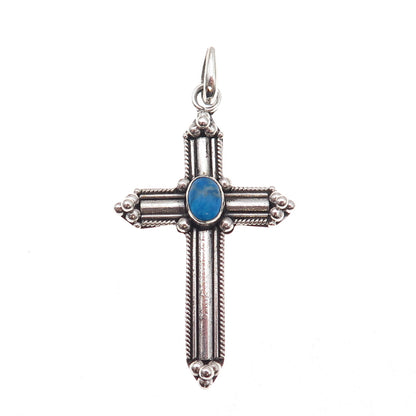 925 Sterling Silver Vintage Real Turquoise Beaded Oxidized Cross Charm Pendant
