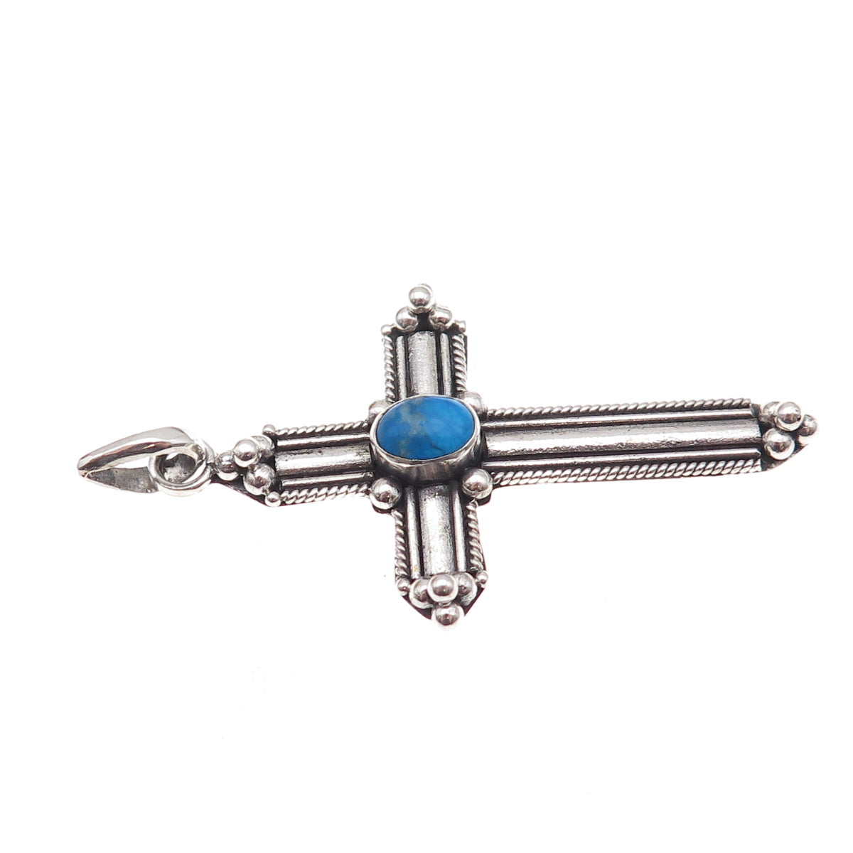 925 Sterling Silver Vintage Real Turquoise Beaded Oxidized Cross Charm Pendant