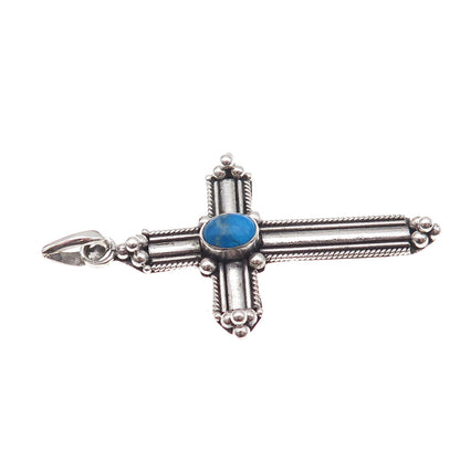 925 Sterling Silver Vintage Real Turquoise Beaded Oxidized Cross Charm Pendant