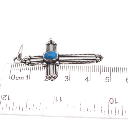 925 Sterling Silver Vintage Real Turquoise Beaded Oxidized Cross Charm Pendant