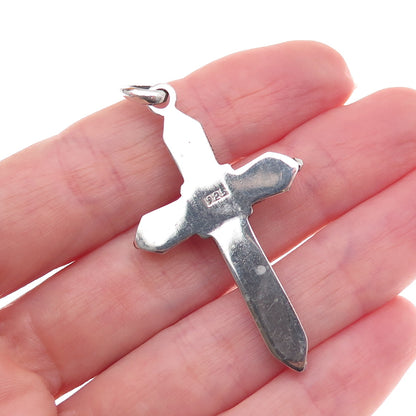 925 Sterling Silver Vintage Real Turquoise Beaded Oxidized Cross Charm Pendant