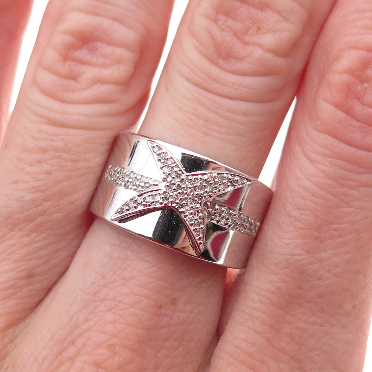 925 Sterling Silver Mexico Real Round-Cut Diamond Starburst Ring Size 7.25