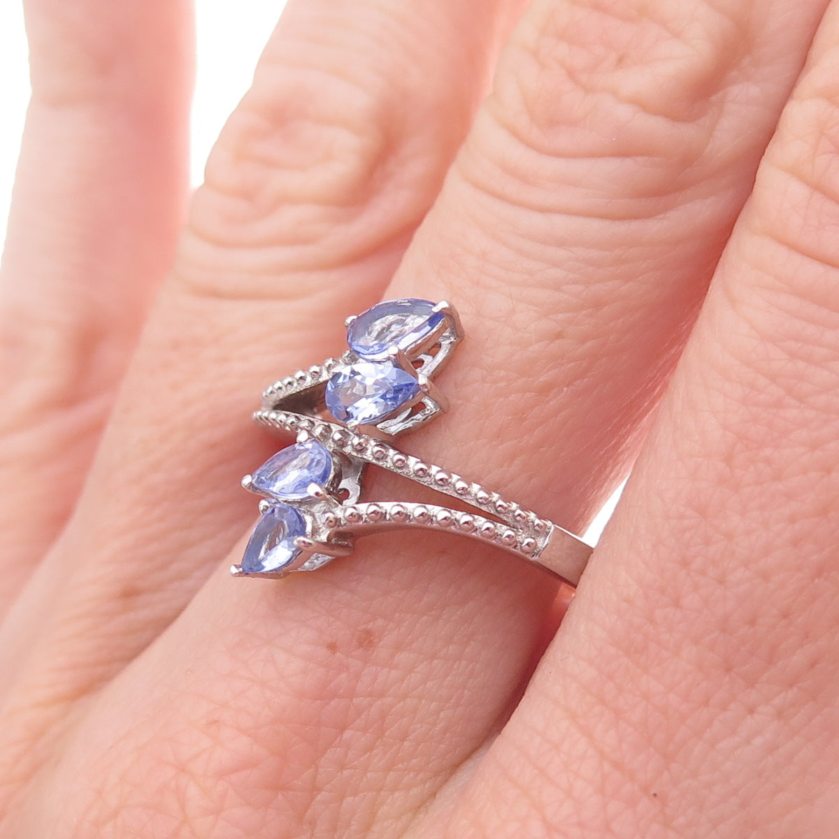 Chuck Clemency 925 Sterling Silver Real Pear-Cut Tanzanite Bypass Ring Size 8