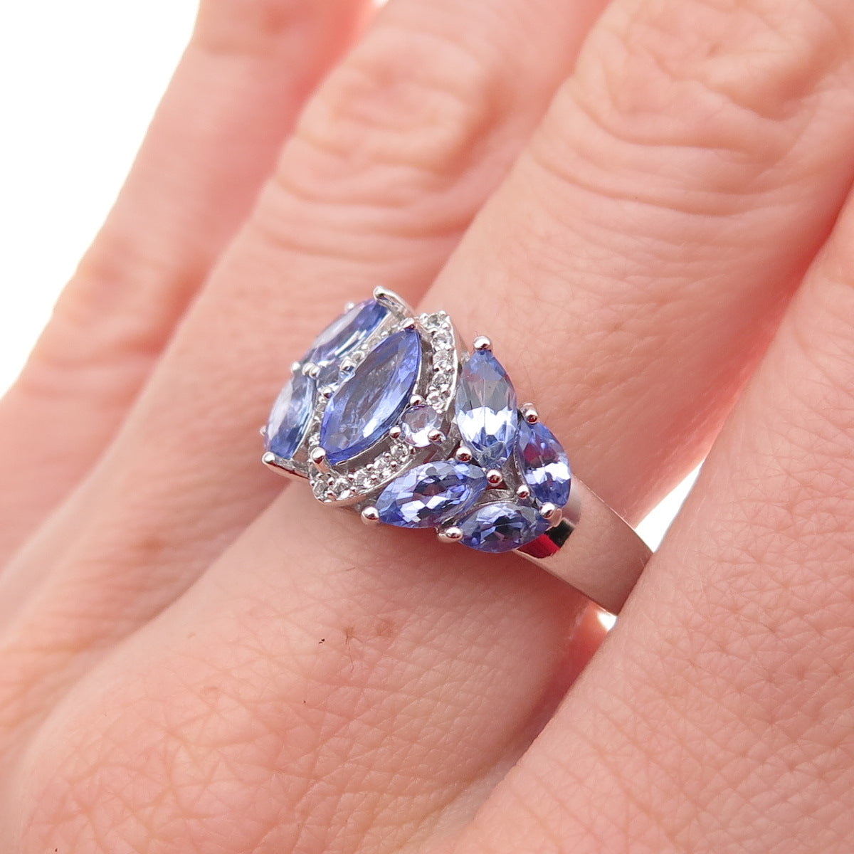 925 Sterling Silver Real Tanzanite & White Topaz Ring Size 8