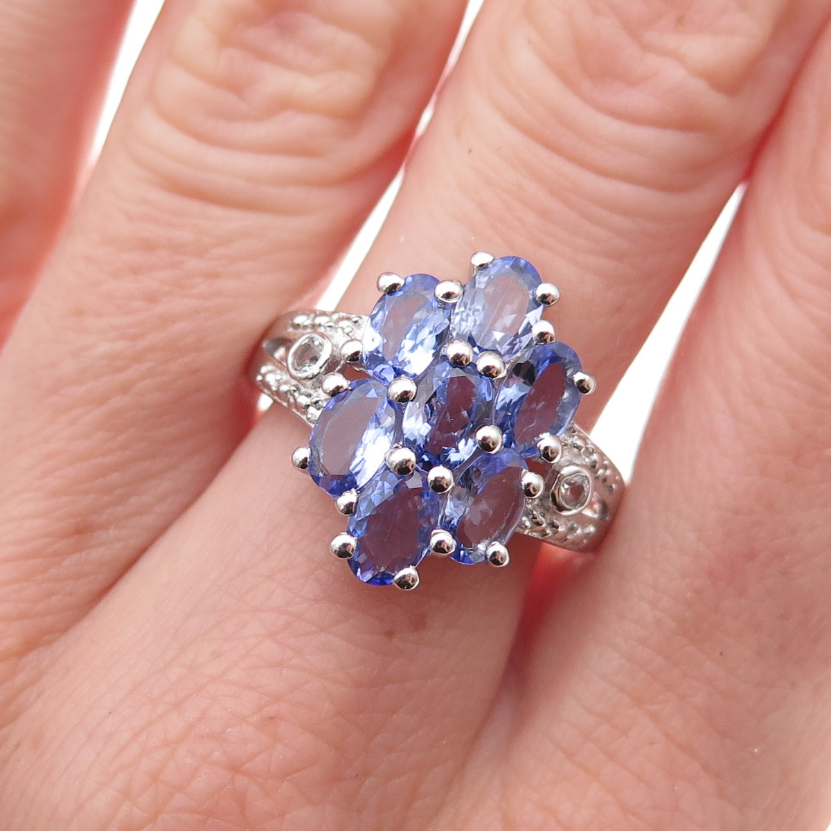 925 Sterling Silver Real Tanzanite & White Topaz Ring Size 8