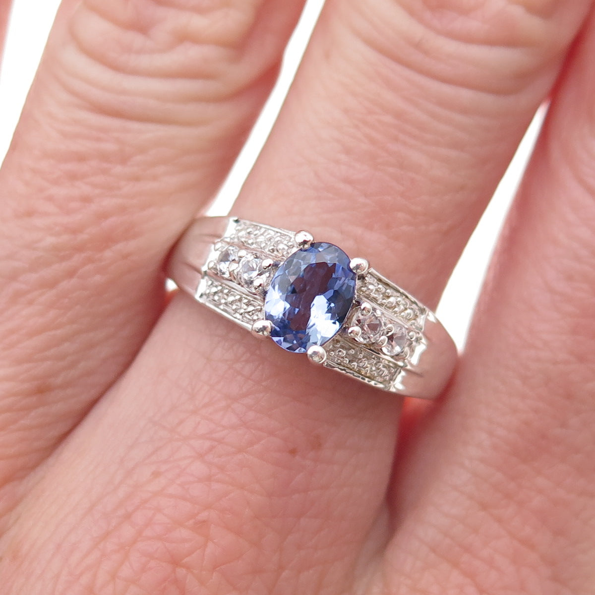 Chuck Clemency 925 Sterling Silver Real Tanzanite & White Topaz Ring Size 8.25