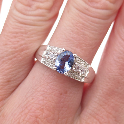 Chuck Clemency 925 Sterling Silver Real Tanzanite & White Topaz Ring Size 8.25