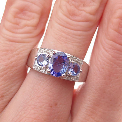 925 Sterling Silver Real Diamond & Tanzanite Ring Size 8