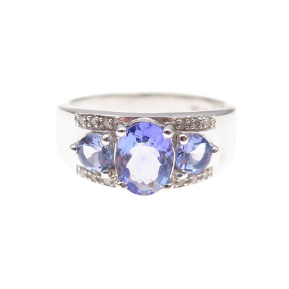 925 Sterling Silver Real Diamond & Tanzanite Ring Size 8