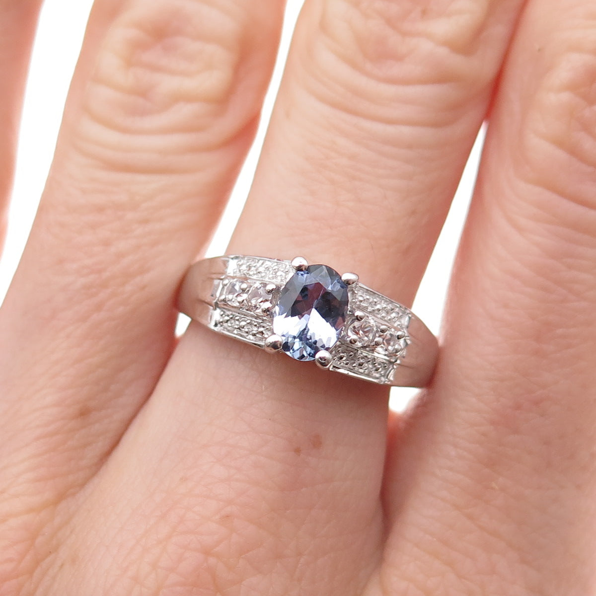 Chuck Clemency 925 Sterling Silver Real Tanzanite & White Topaz Ring Size 8.25