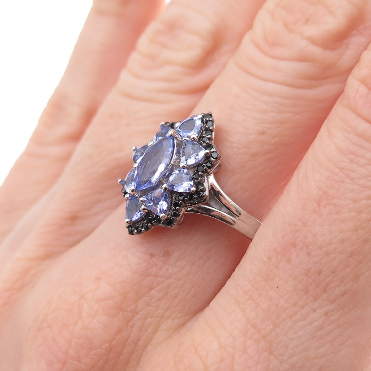 Chuck Clemency 925 Sterling Silver Real Tanzanite & Black Spinel Ring Size 8.25