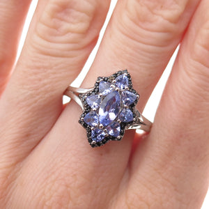 Chuck Clemency 925 Sterling Silver Real Tanzanite & Black Spinel Ring Size 8.25