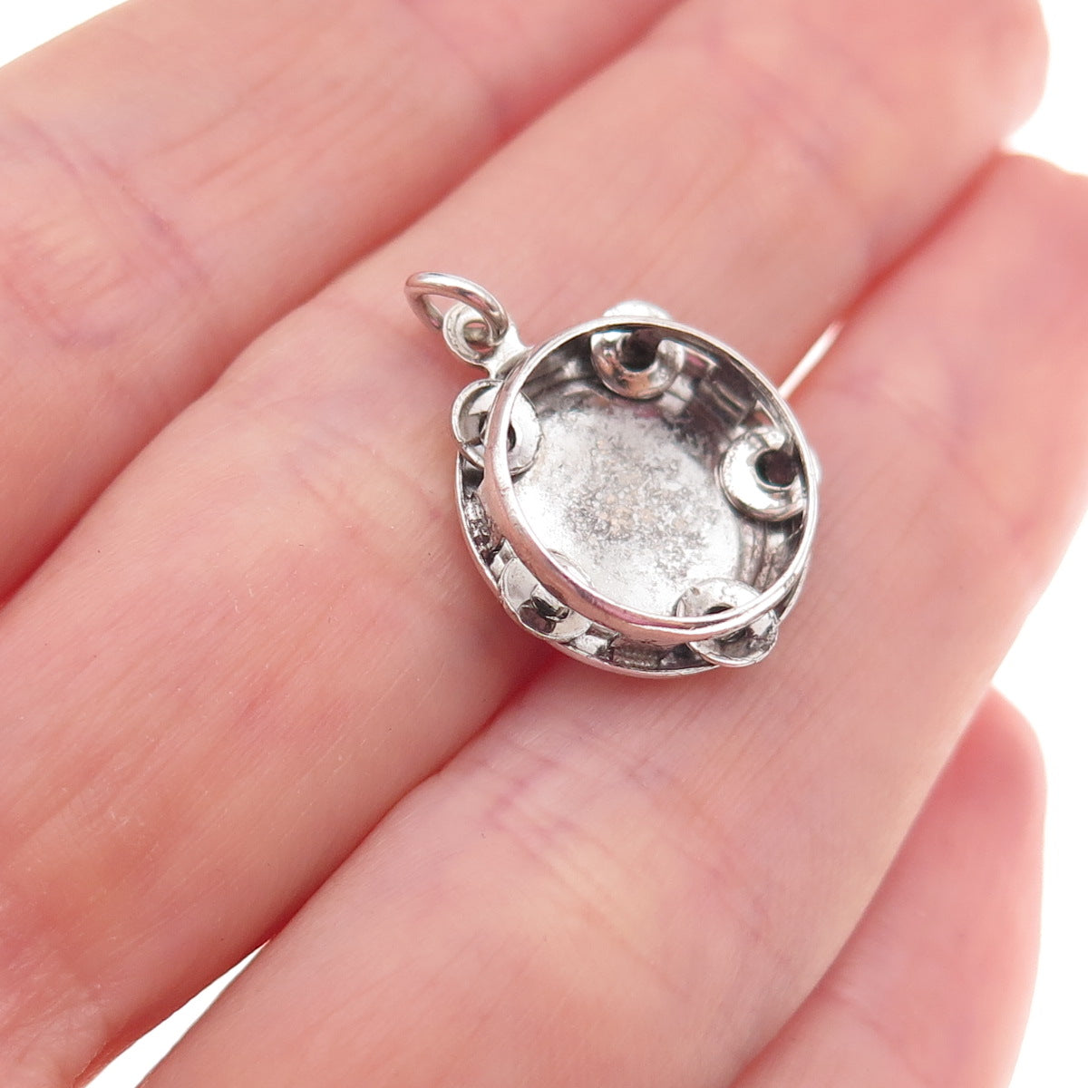 925 Sterling Silver Antique Art Deco Tambourine Oxidized 3D Charm Pendant