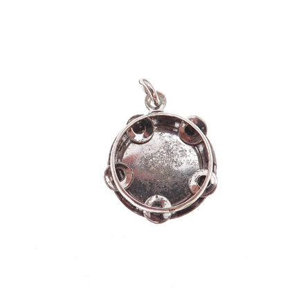 925 Sterling Silver Antique Art Deco Tambourine Oxidized 3D Charm Pendant