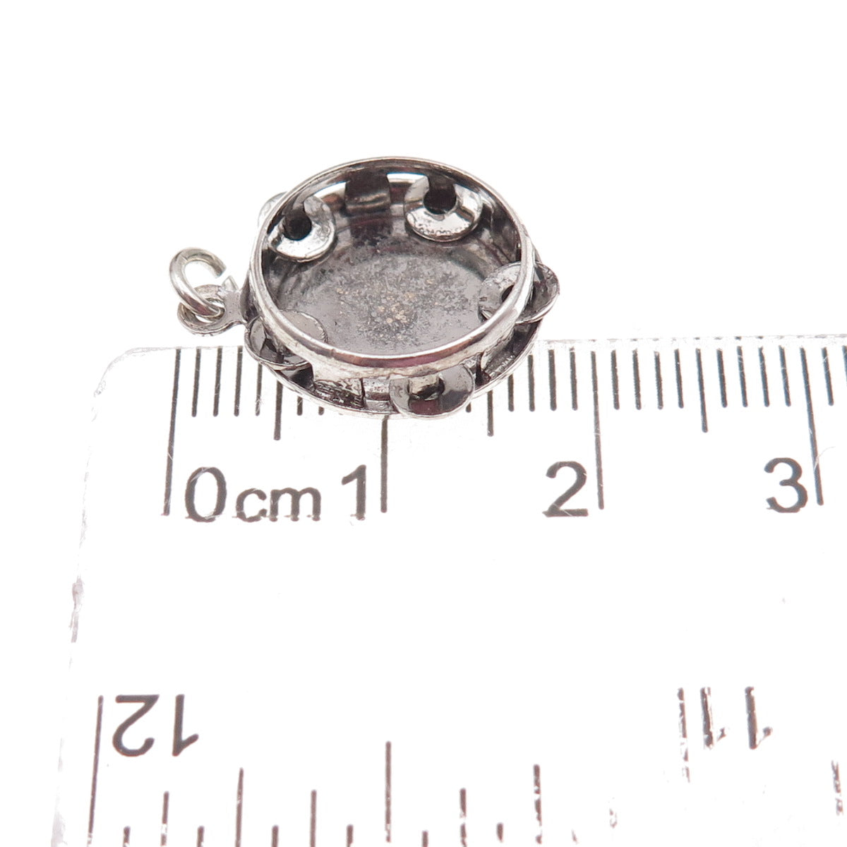 925 Sterling Silver Antique Art Deco Tambourine Oxidized 3D Charm Pendant