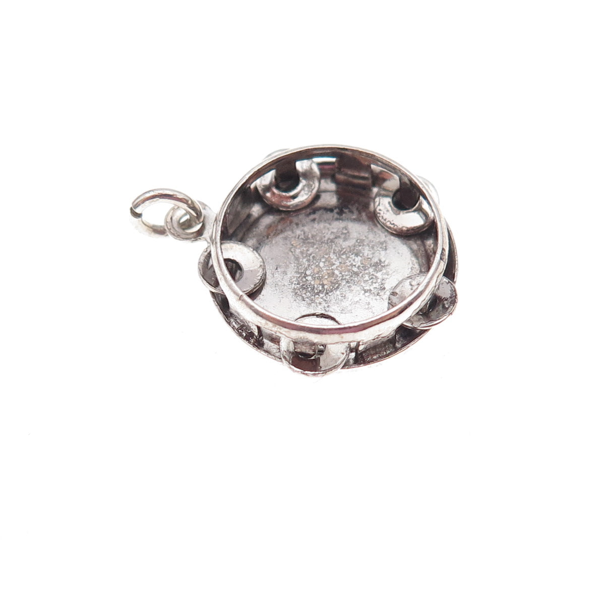 925 Sterling Silver Antique Art Deco Tambourine Oxidized 3D Charm Pendant