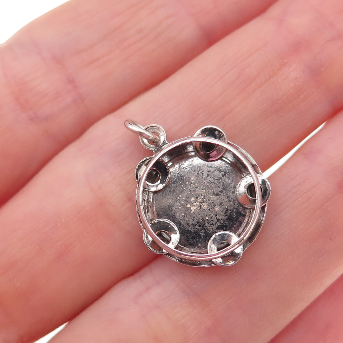 925 Sterling Silver Antique Art Deco Tambourine Oxidized 3D Charm Pendant