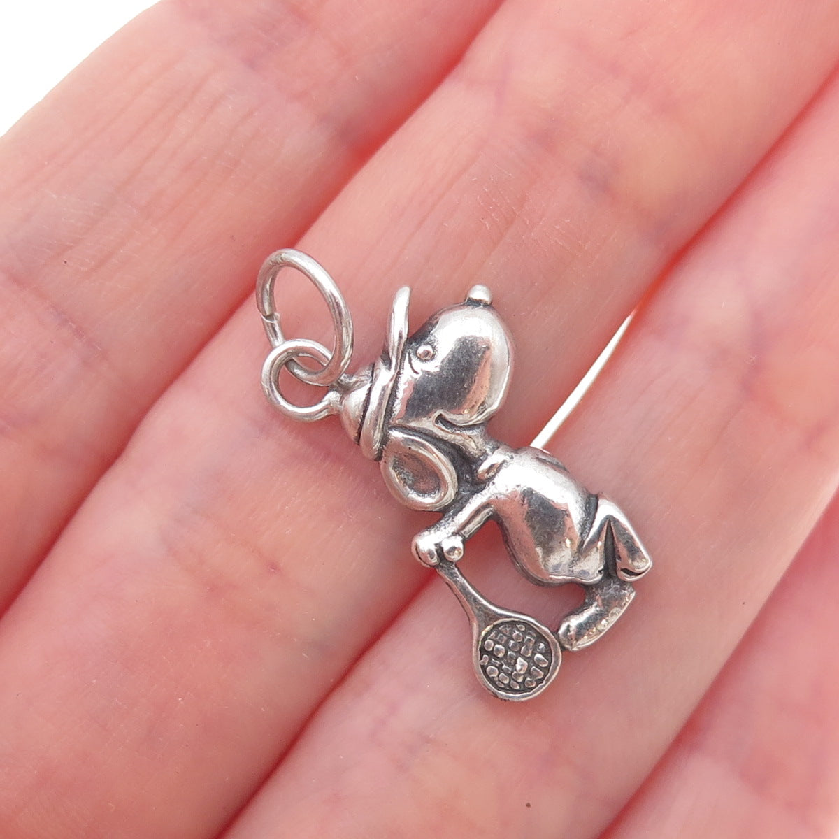 925 Sterling Silver Vintage Snoopy Tennis Oxidized Charm Pendant
