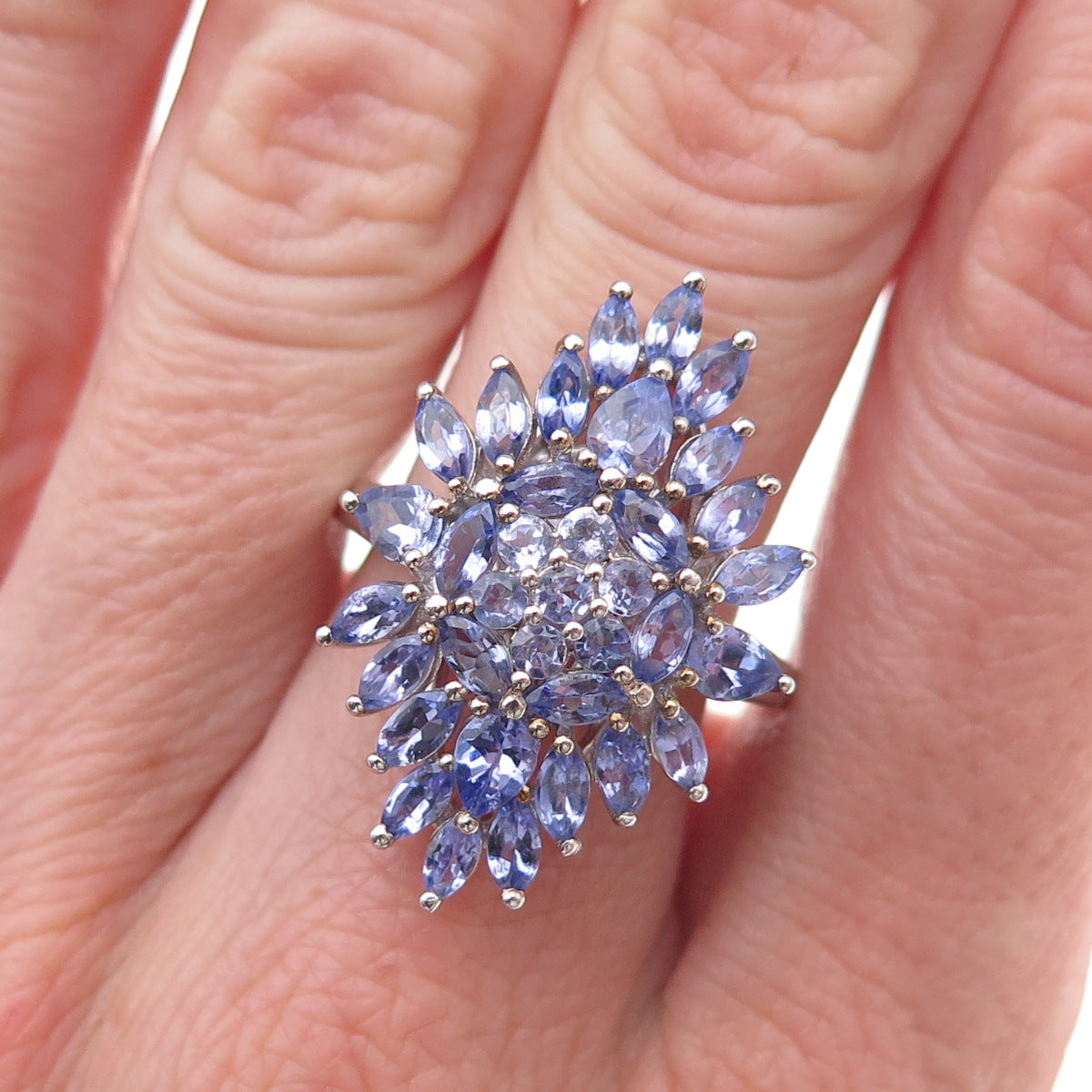 Chuck Clemency 925 Sterling Silver Real Multi-Cut Tanzanite Cluster Ring Size 8