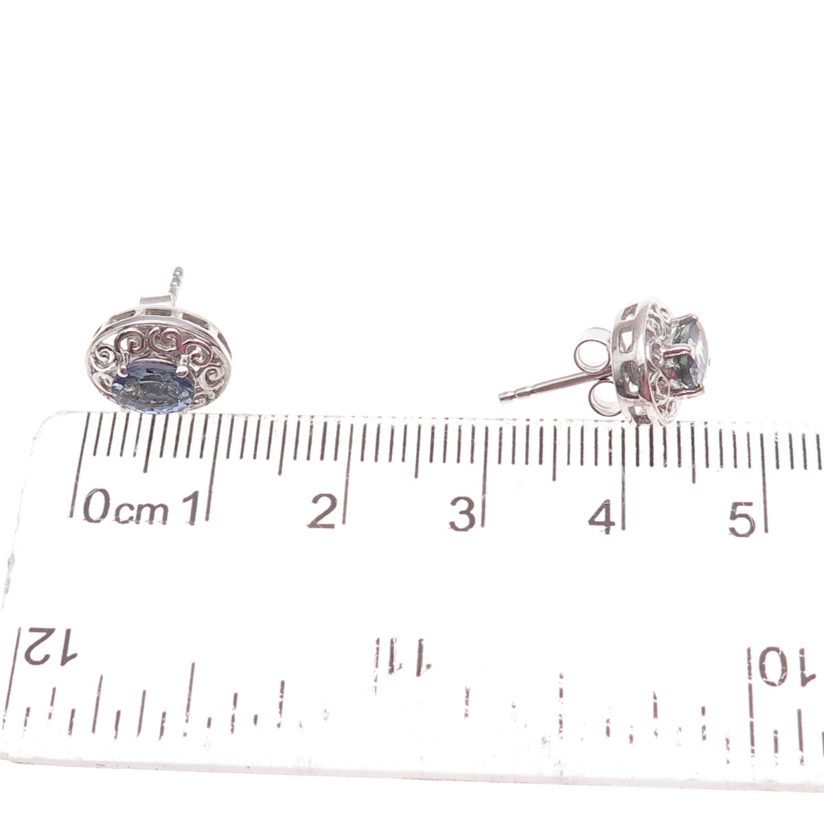Chuck Clemency 925 Sterling Silver Real Oval-Cut Iolite Scroll Stud Earrings