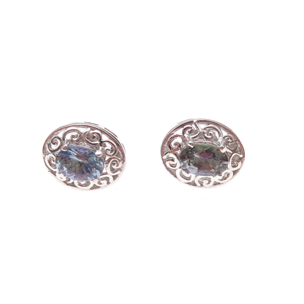 Chuck Clemency 925 Sterling Silver Real Oval-Cut Iolite Scroll Stud Earrings