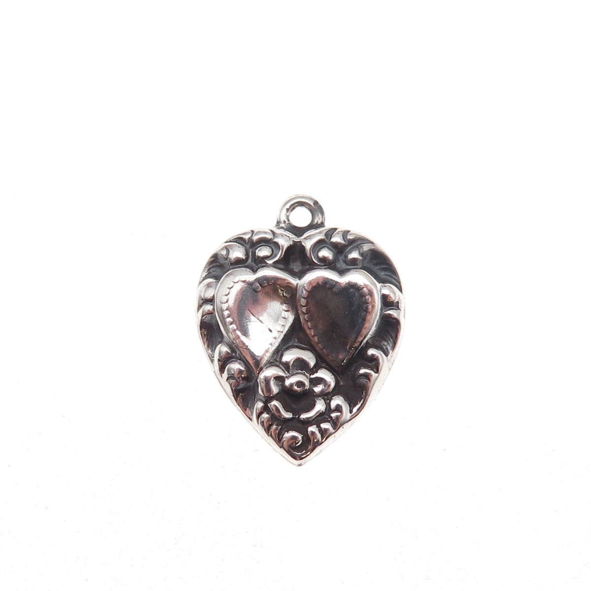 925 Sterling Silver Antique Art Deco Floral Heart Chatelaine Charm Pendant