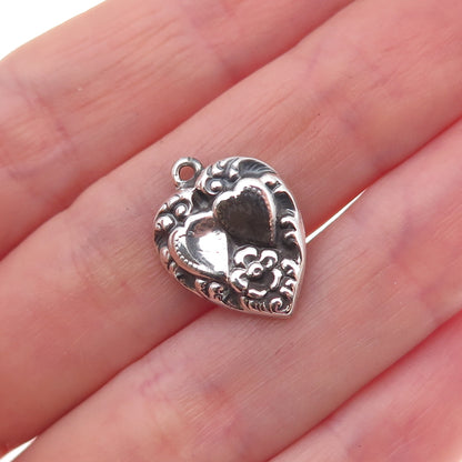 925 Sterling Silver Antique Art Deco Floral Heart Chatelaine Charm Pendant