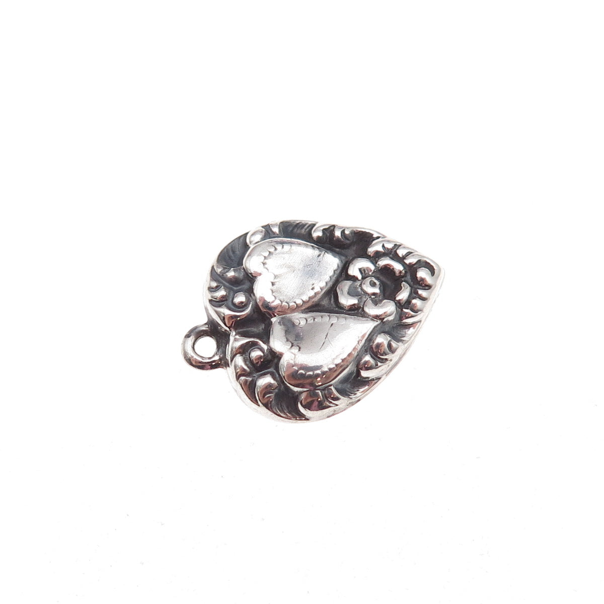 925 Sterling Silver Antique Art Deco Floral Heart Chatelaine Charm Pendant