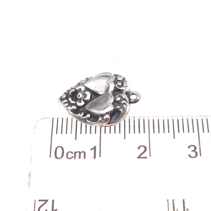925 Sterling Silver Antique Art Deco Floral Heart Chatelaine Charm Pendant