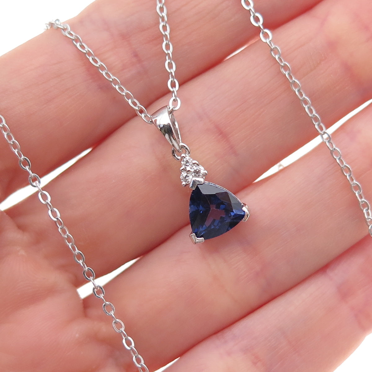 925 Sterling Silver Blue & White C Z Cable Chain Necklace 18"