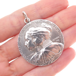 925 Sterling Vintage Spain King Alfonso XIII & Queen Victoria Medal Pendant