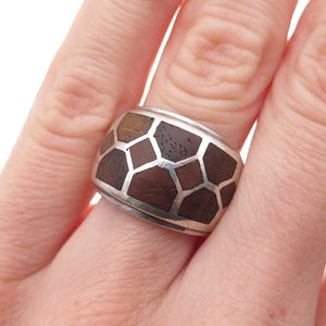 925 Sterling Silver Vintage Wood Modernist Oxidized Ring Size 5.75