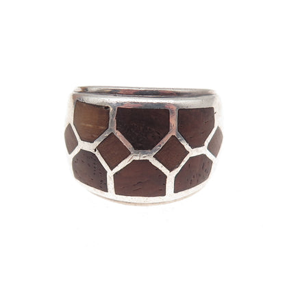 925 Sterling Silver Vintage Wood Modernist Oxidized Ring Size 5.75