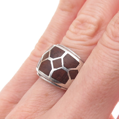 925 Sterling Silver Vintage Wood Modernist Oxidized Ring Size 5.75