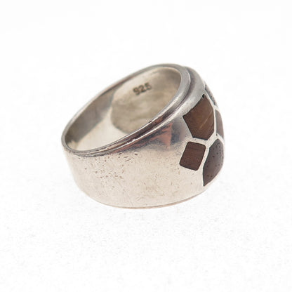925 Sterling Silver Vintage Wood Modernist Oxidized Ring Size 5.75