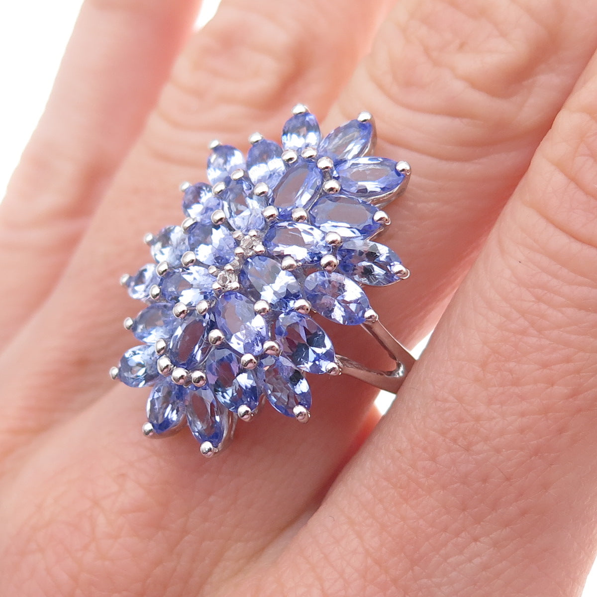 925 Sterling Silver Real Tanzanite & White Topaz Ring Size 8