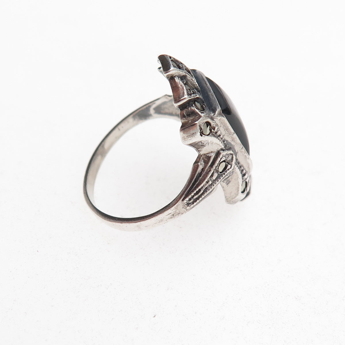 925 Sterling Silver Antique Art Deco Real Black Onyx & Marcasite Ring Size 5.25