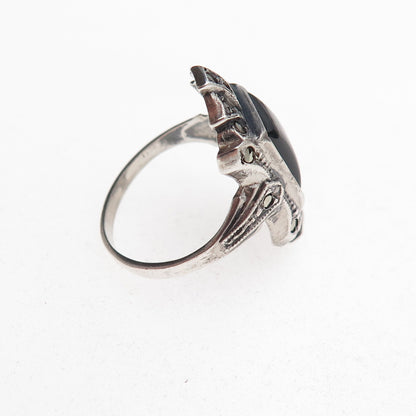 925 Sterling Silver Antique Art Deco Real Black Onyx & Marcasite Ring Size 5.25