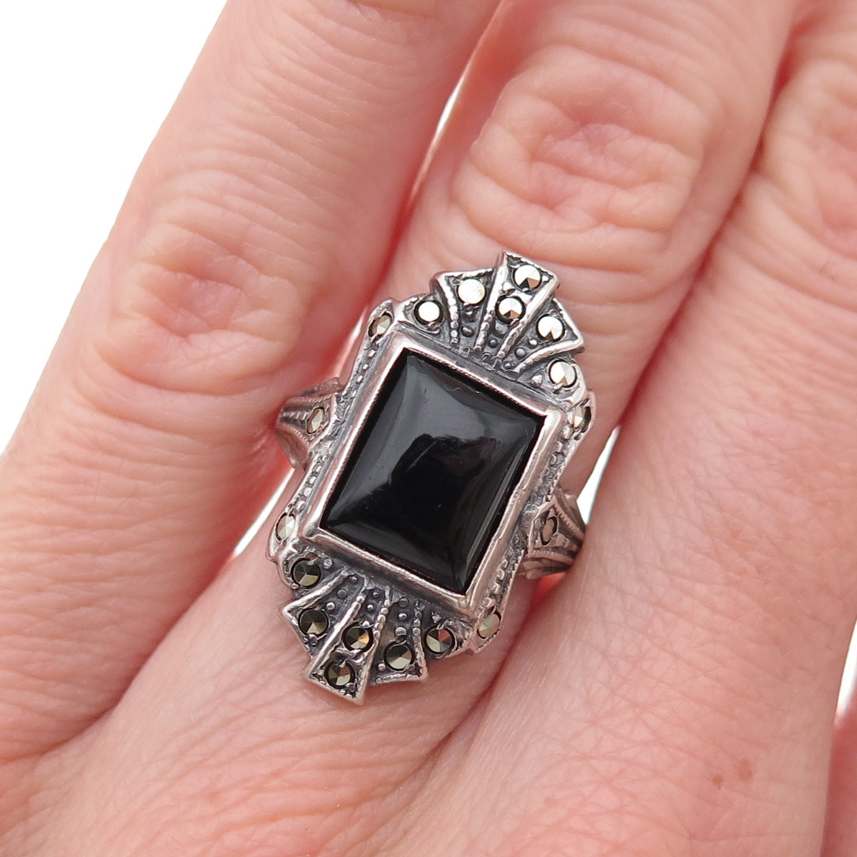 925 Sterling Silver Antique Art Deco Real Black Onyx & Marcasite Ring Size 5.25