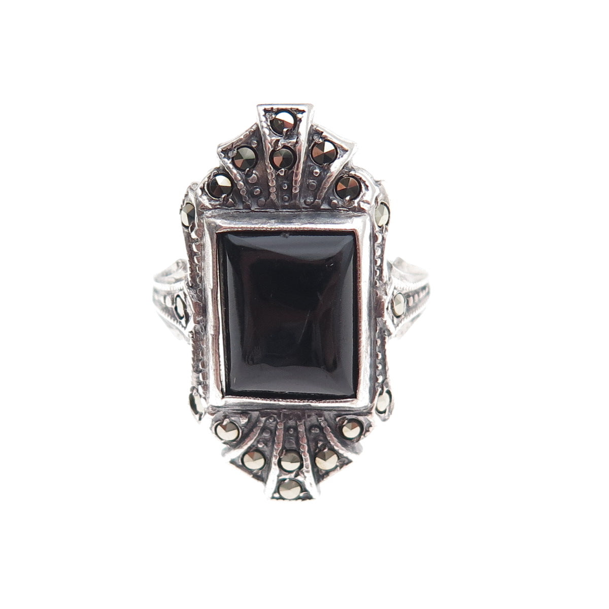 925 Sterling Silver Antique Art Deco Real Black Onyx & Marcasite Ring Size 5.25