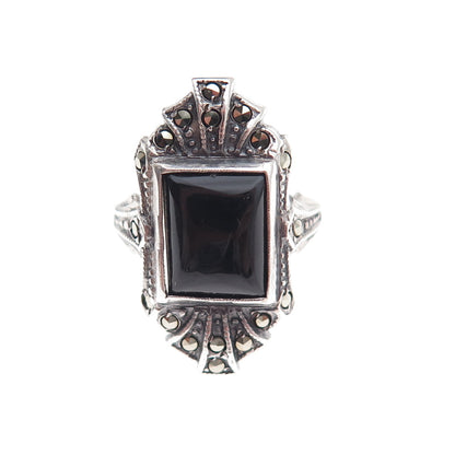 925 Sterling Silver Antique Art Deco Real Black Onyx & Marcasite Ring Size 5.25