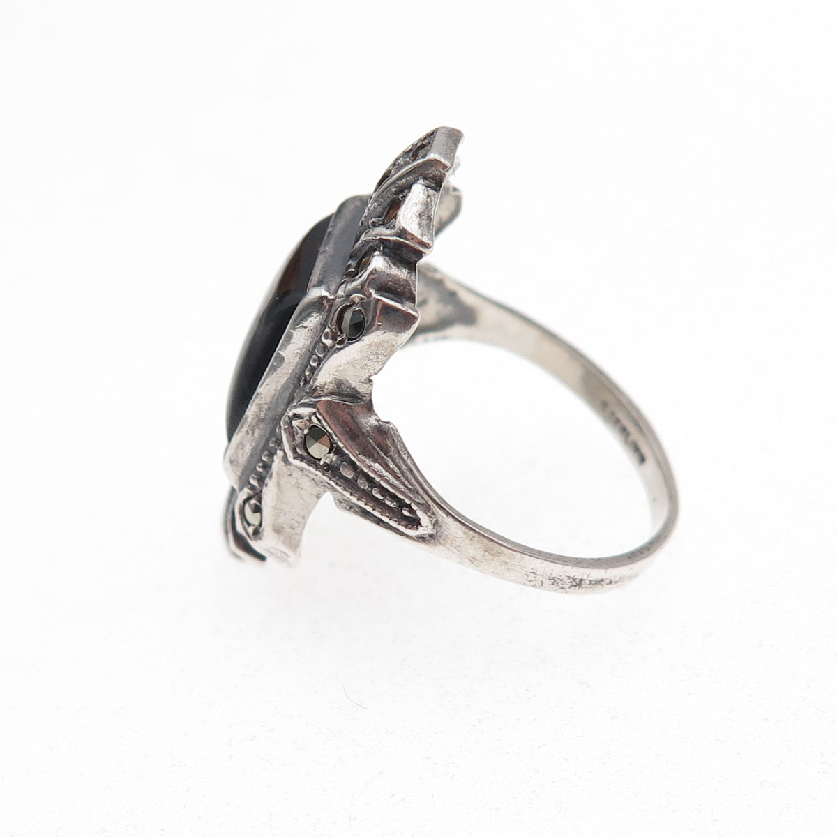 925 Sterling Silver Antique Art Deco Real Black Onyx & Marcasite Ring Size 5.25