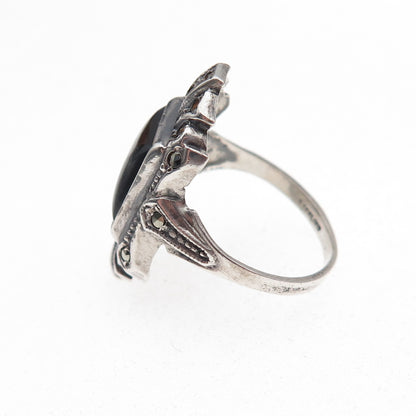 925 Sterling Silver Antique Art Deco Real Black Onyx & Marcasite Ring Size 5.25