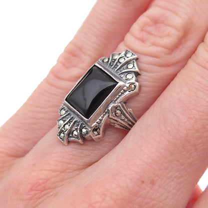 925 Sterling Silver Antique Art Deco Real Black Onyx & Marcasite Ring Size 5.25