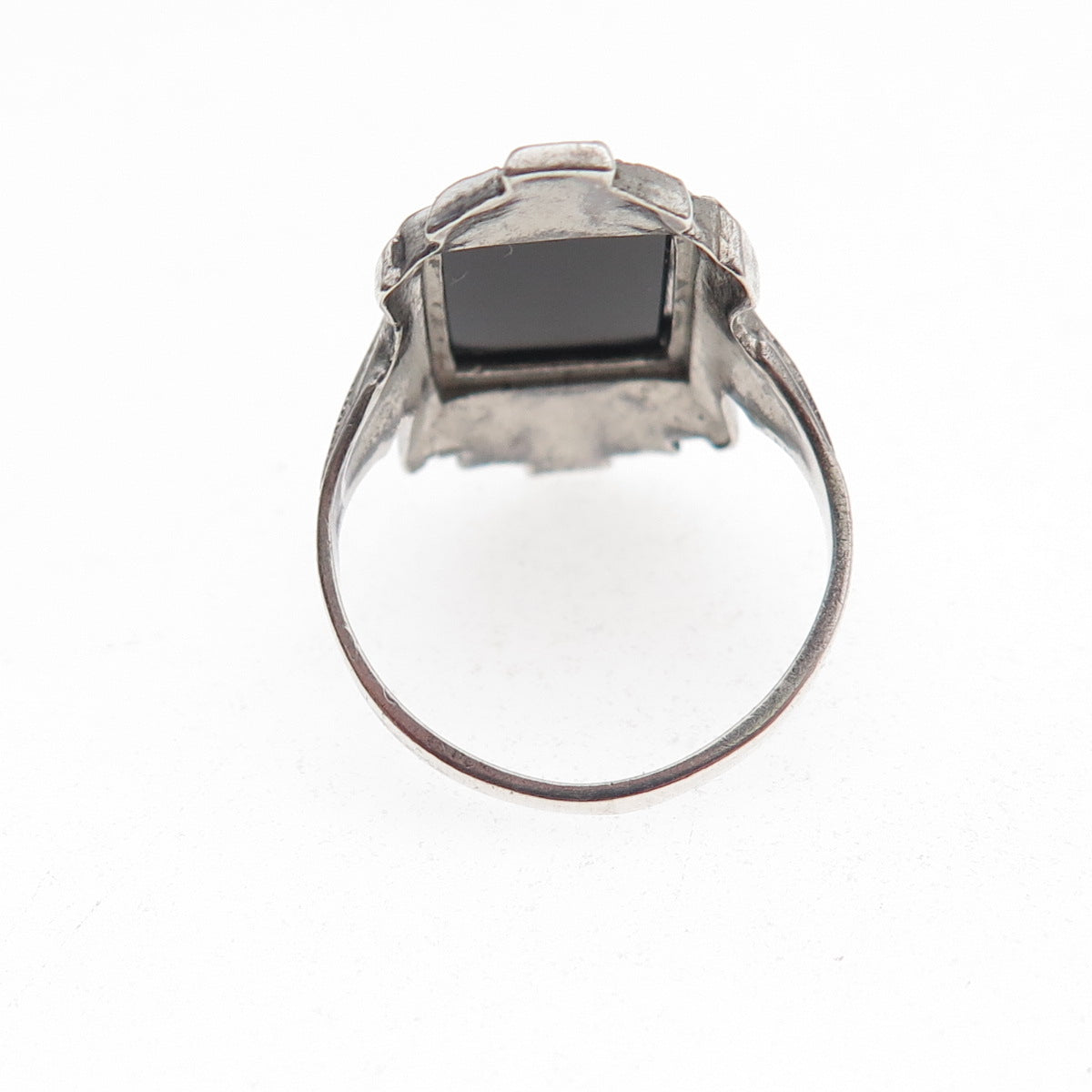 925 Sterling Silver Antique Art Deco Real Black Onyx & Marcasite Ring Size 5.25