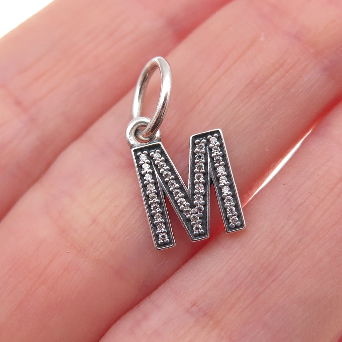 Pandora 925 Sterling Silver Round-Cut C Z Letter M Dangle Charm Pendant