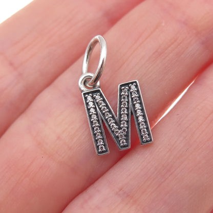 Pandora 925 Sterling Silver Round-Cut C Z Letter M Dangle Charm Pendant