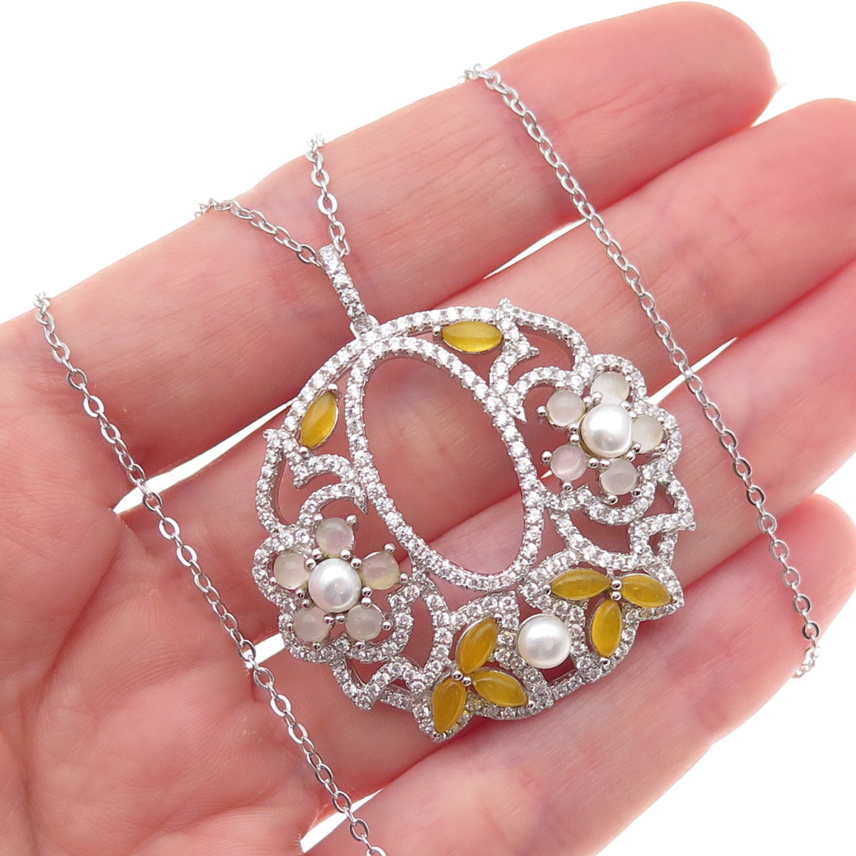925 Sterling Silver Real Pearl Moonstone Amber & C Z Cable Chain Necklace 18"