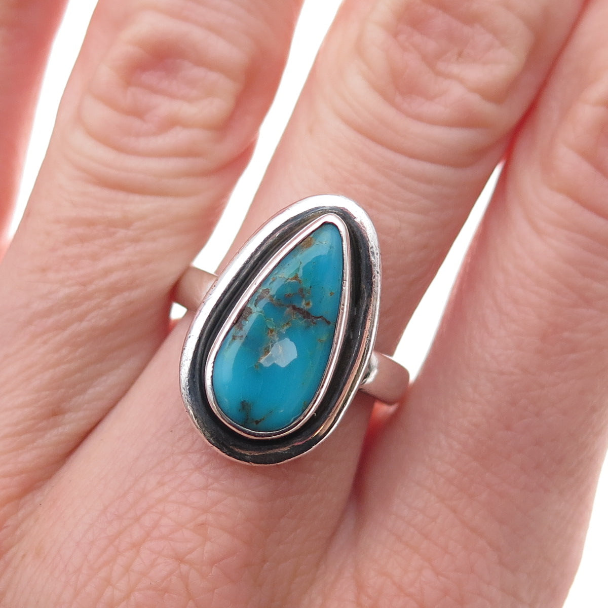 Old Pawn 925 Sterling Silver Vintage Southwestern Turquoise Tribal Ring Size 7.5
