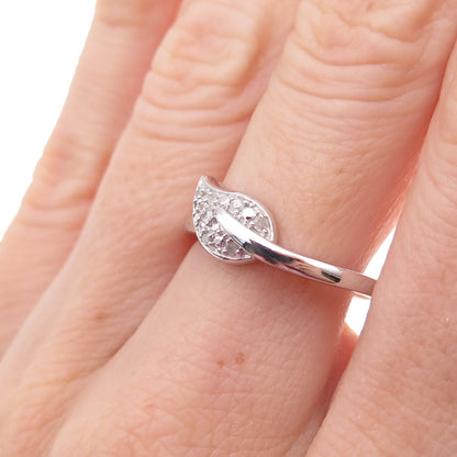 925 Sterling Silver Real Round-Cut Diamond Floral Leaf Ring Size 8